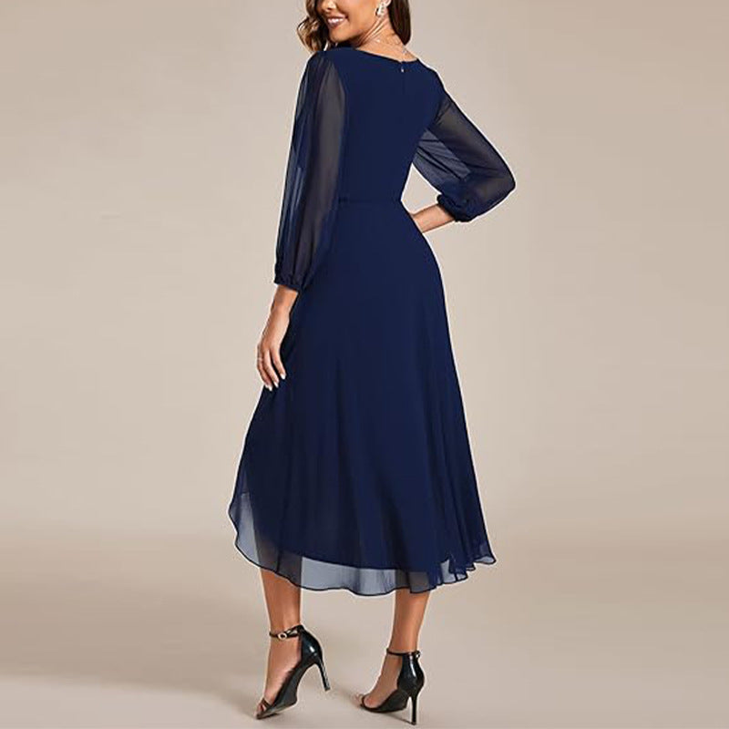 Midi Dress Women's V-Neck Long Sleeve High-Low Hem - 3 - Rokvane