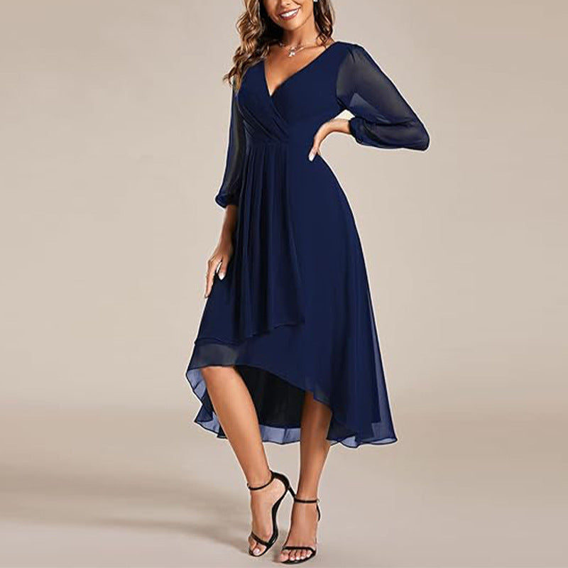 Midi Dress Women's V-Neck Long Sleeve High-Low Hem - 1 - Rokvane