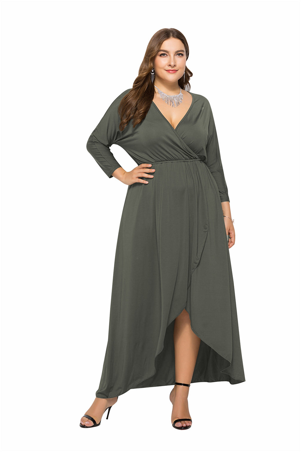 Maxi Dress Women's Wrap Silhouette with V-Neck and High Slit - 2 - Rokvane