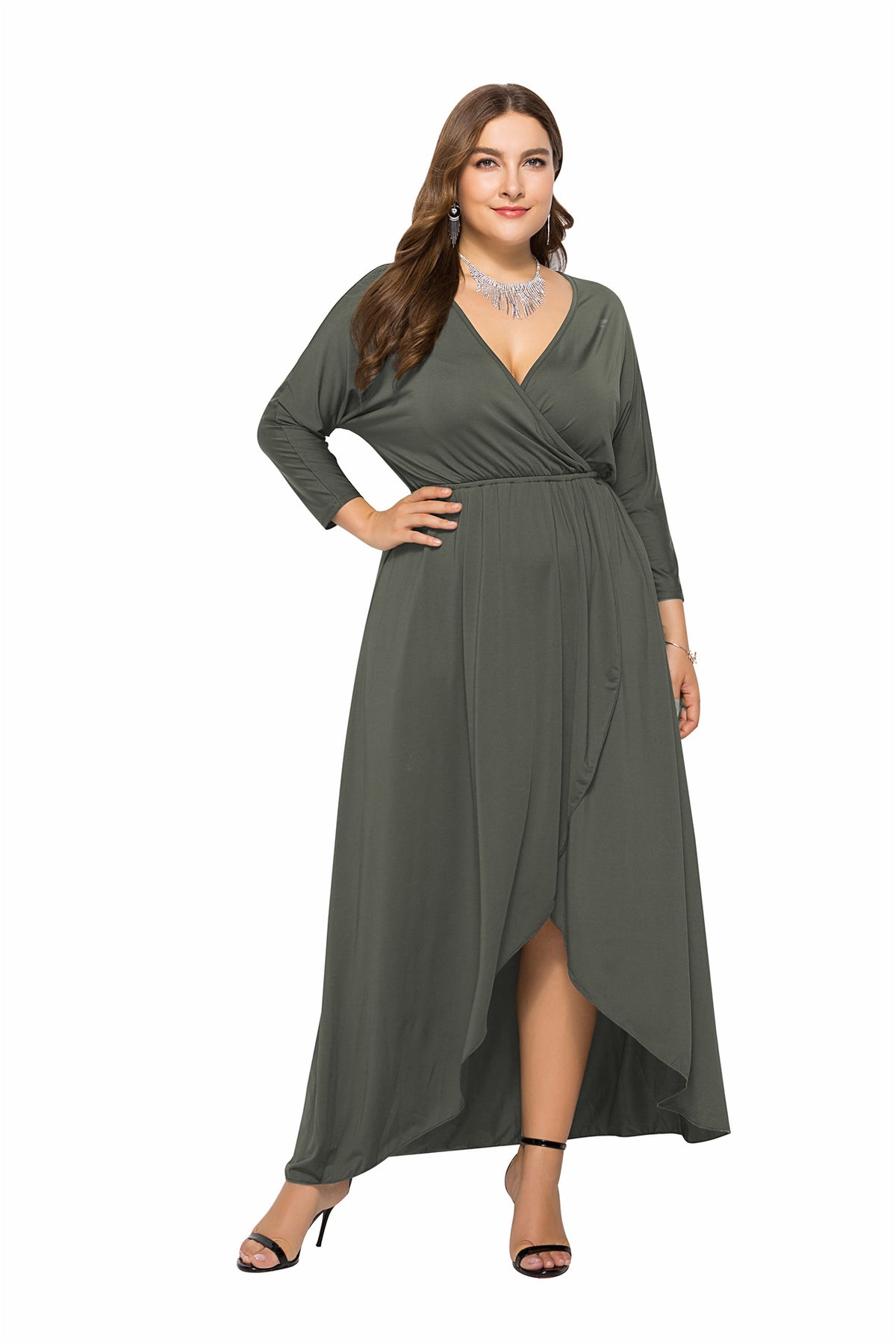 Maxi Dress Women's Wrap Silhouette with V-Neck and High Slit - 2 - Rokvane