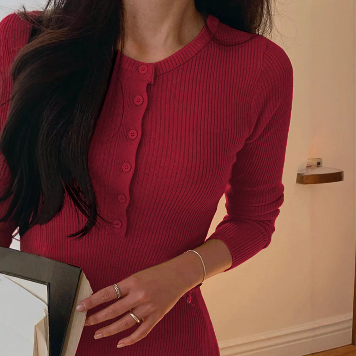 Midi Dress Women's Fitted Silhouette with Button Detail - 4 - Rokvane