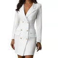 Double Breasted Women's Blazer Dress with Pockets and V-Neck - 2 - Rokvane