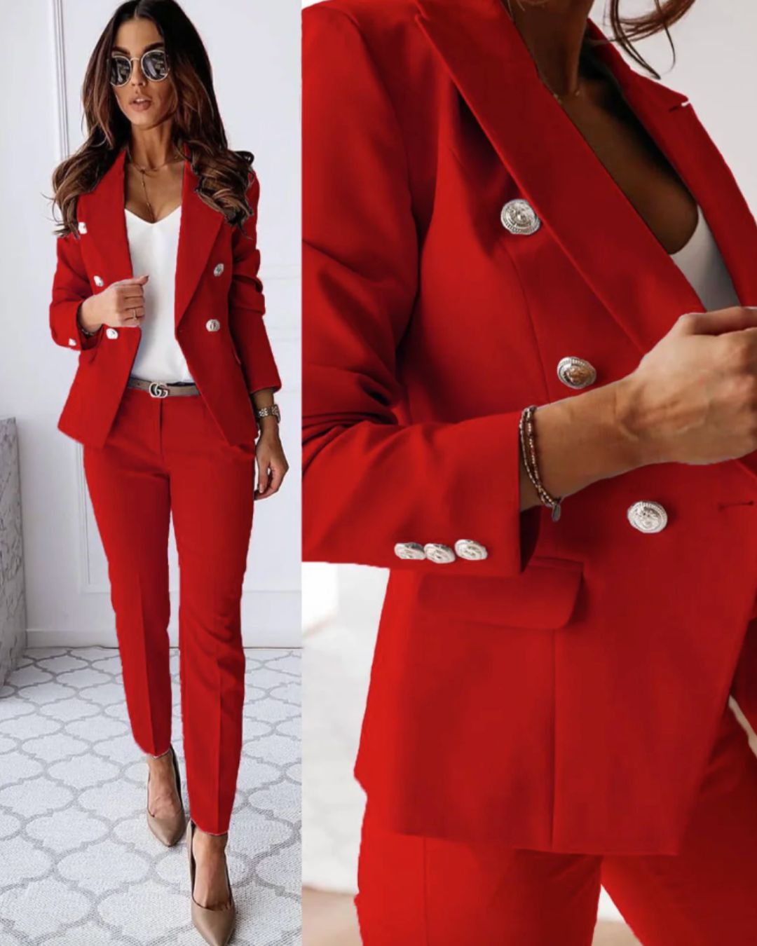 Tailored Women's Double-Breasted Blazer and Trousers Set - 3 - Rokvane
