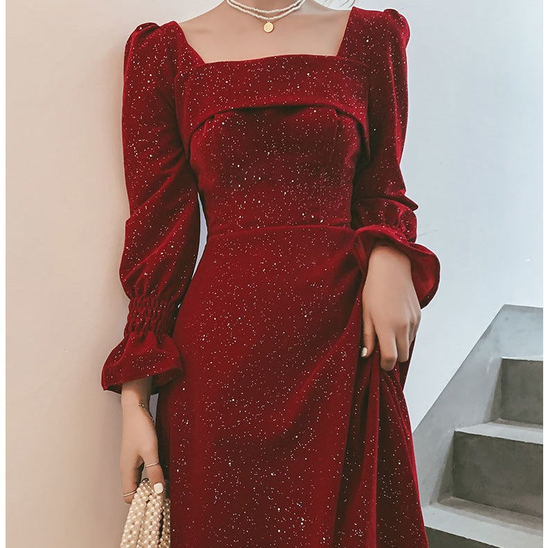 Midi Dress Women's Square Neck Long Sleeve with Ruched Detail - 3 - Rokvane