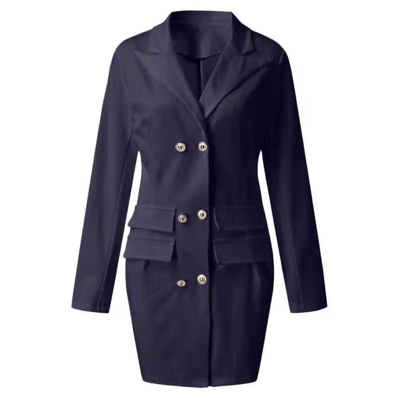 Double Breasted Women's Blazer Dress with Pockets and V-Neck - 3 - Rokvane