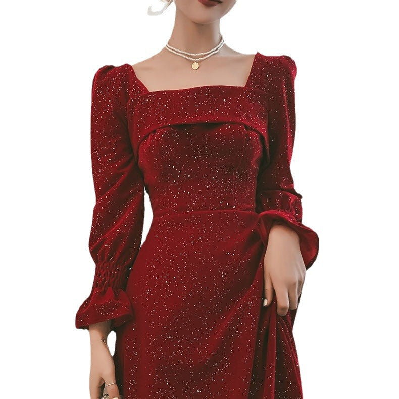Midi Dress Women's Square Neck Long Sleeve with Ruched Detail - 1 - Rokvane