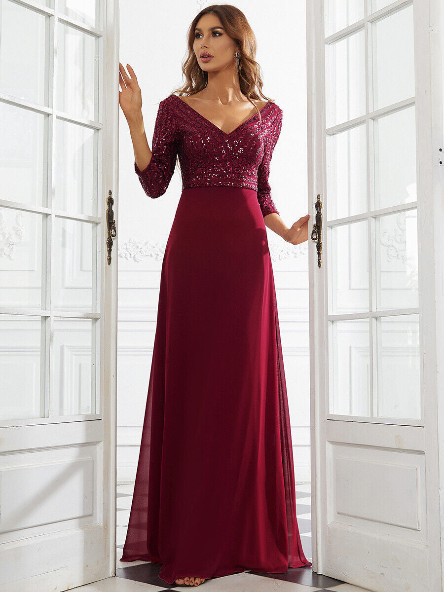 Evening Dress Women V-Neck Long Sleeve Flattering Fit - 4 - Rokvane