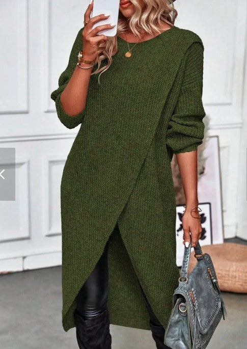 Dress Women's Long Sleeve Wrap Dress with Asymmetric Hem - 4 - Rokvane