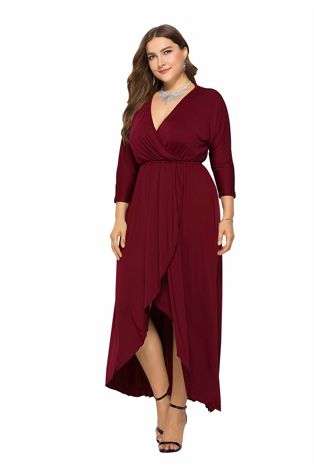 Maxi Dress Women's Wrap Silhouette with V-Neck and High Slit - 17 - Rokvane