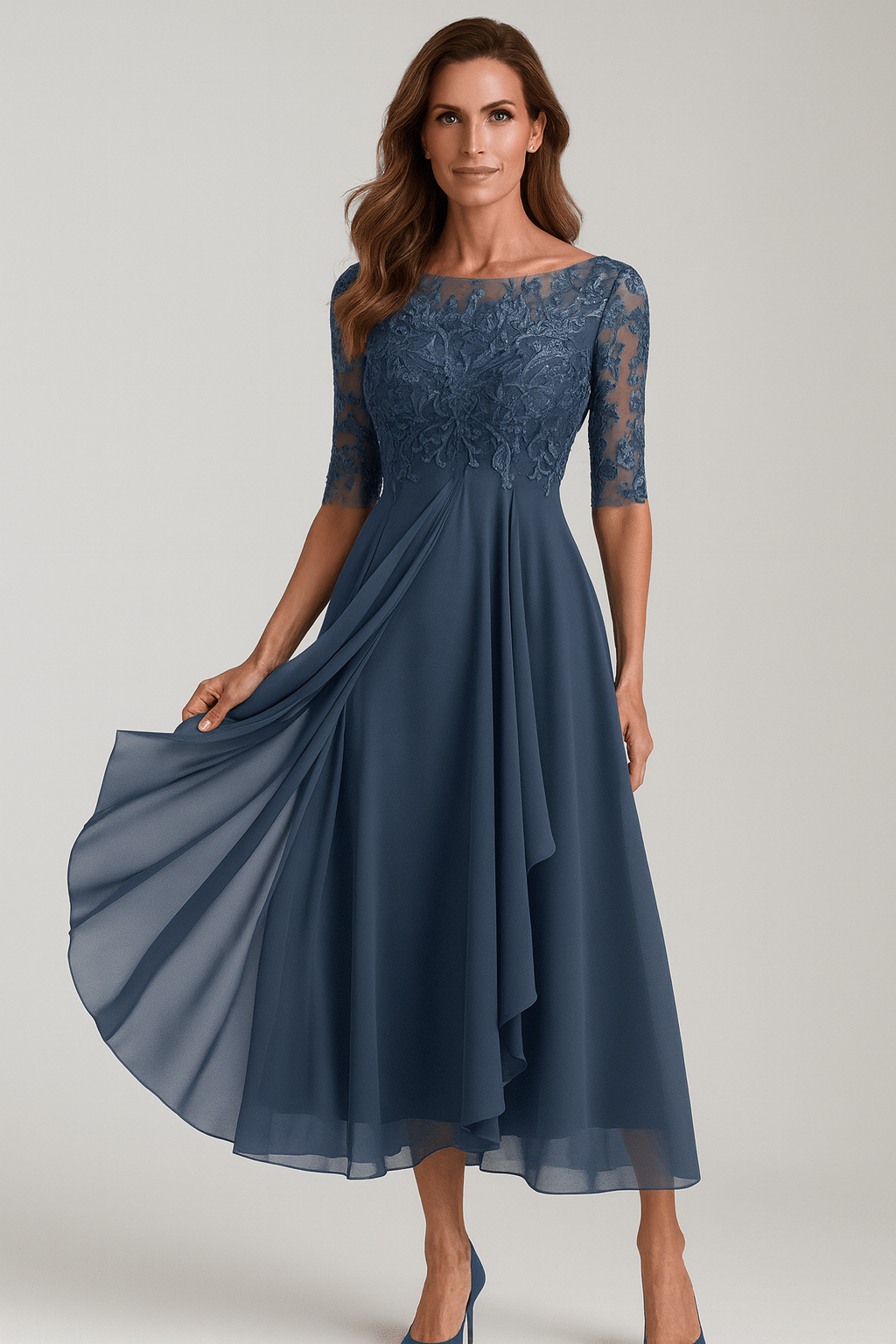 Elegant 3/4 Sleeve Midi Dress with Flattering Flow - 2 - Rokvane