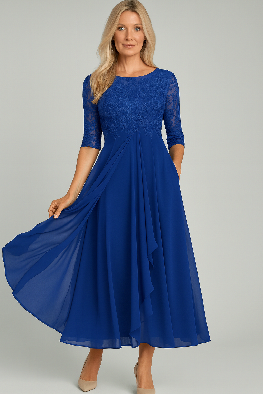 Elegant 3/4 Sleeve Midi Dress with Flattering Flow - 1 - Rokvane