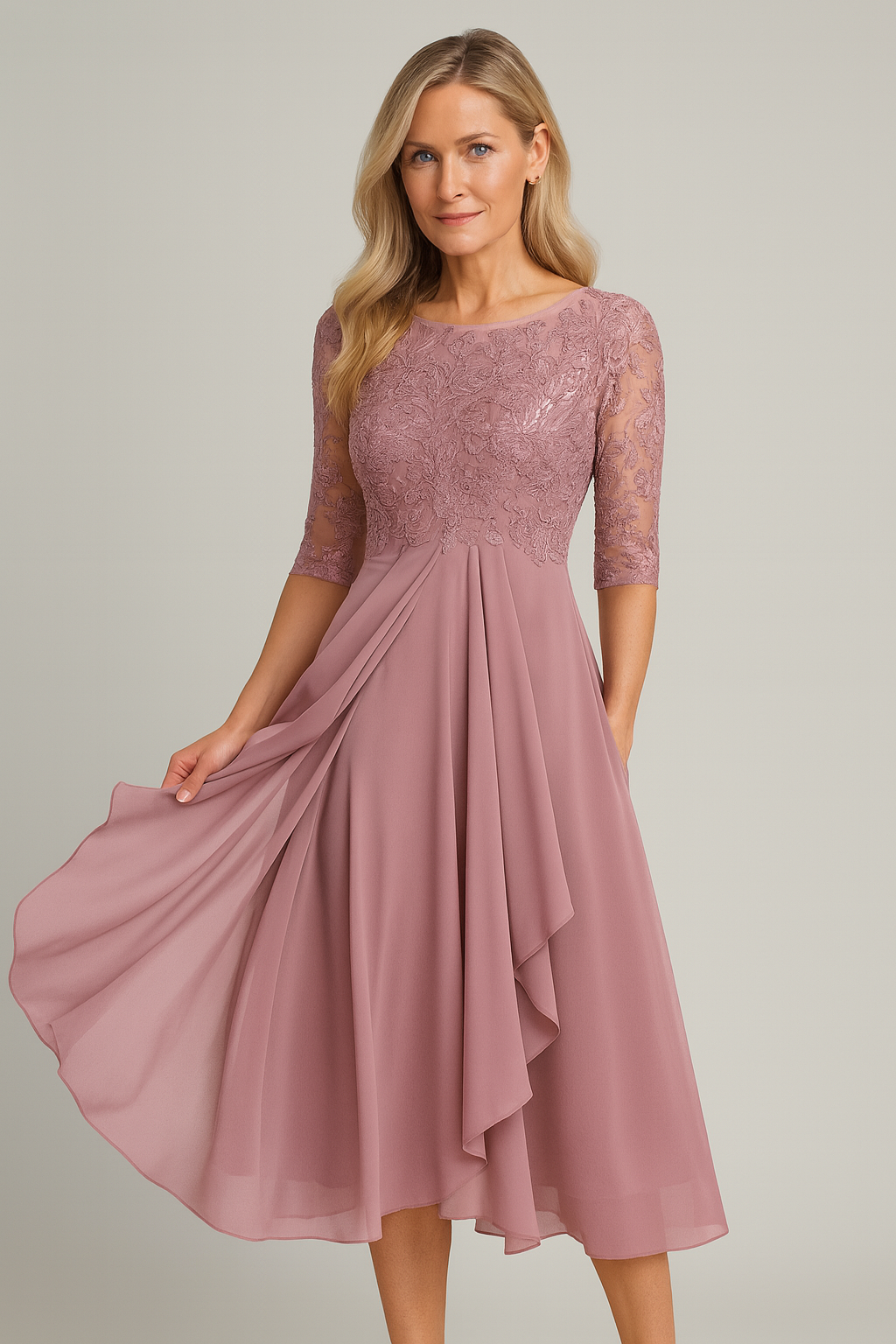 Elegant 3/4 Sleeve Midi Dress with Flattering Flow - 4 - Rokvane