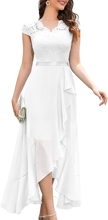 Evening Dress Women's V-neck Cap Sleeve High-Low with Ruffle Detail - 11 - Rokvane