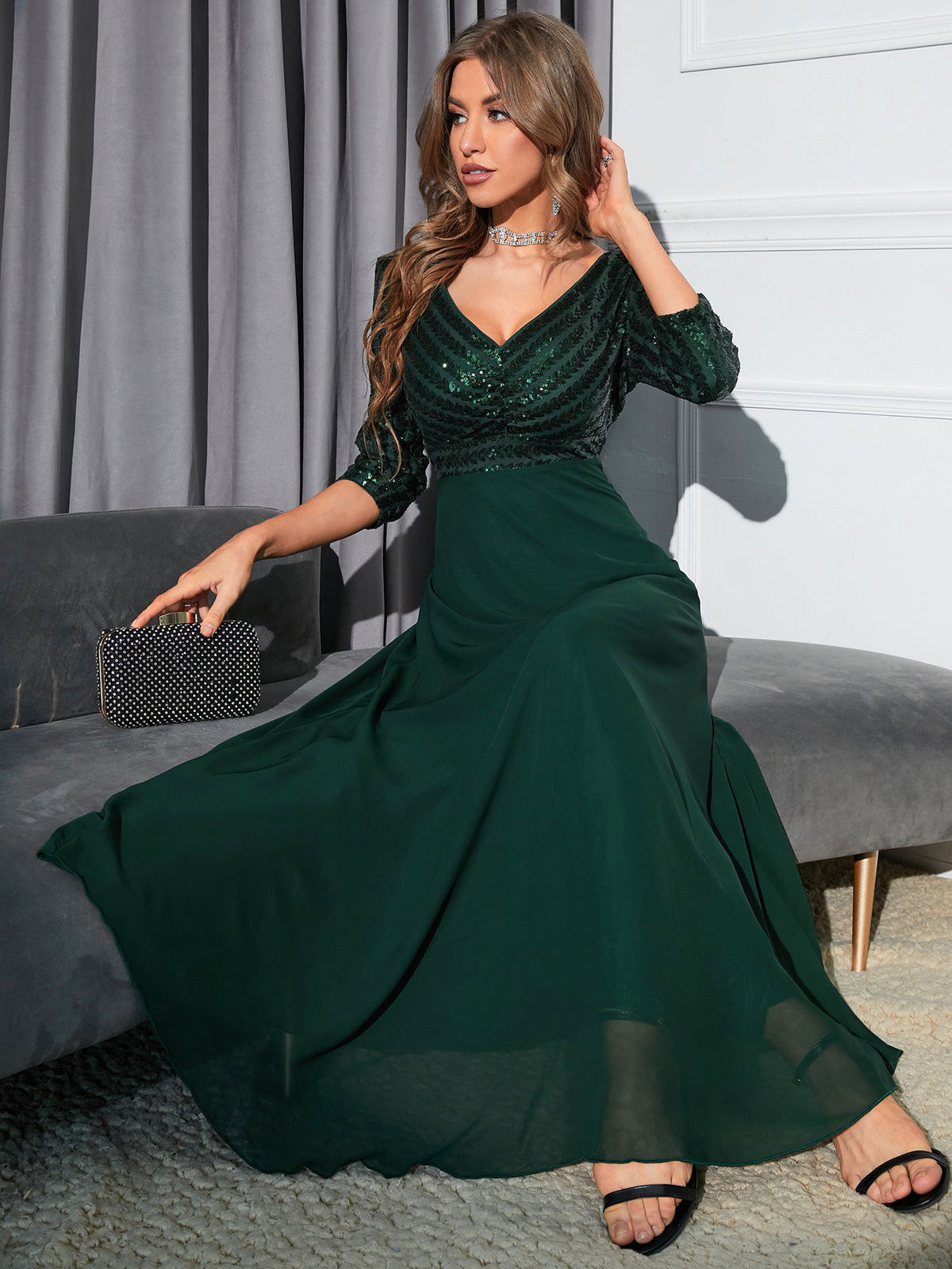 Evening Dress Women V-Neck Long Sleeve Flattering Fit - 2 - Rokvane