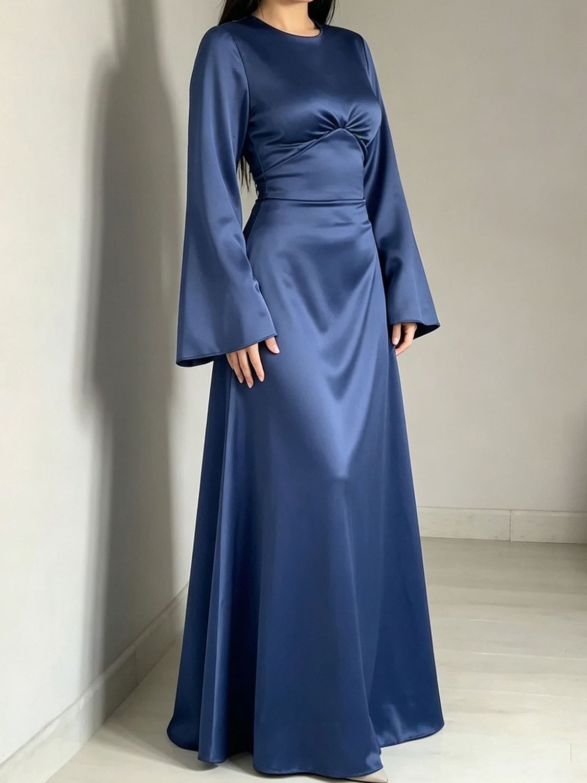 Evening Dress Women Long Sleeve Flared Skirt with Tie Waist - 2 - Rokvane