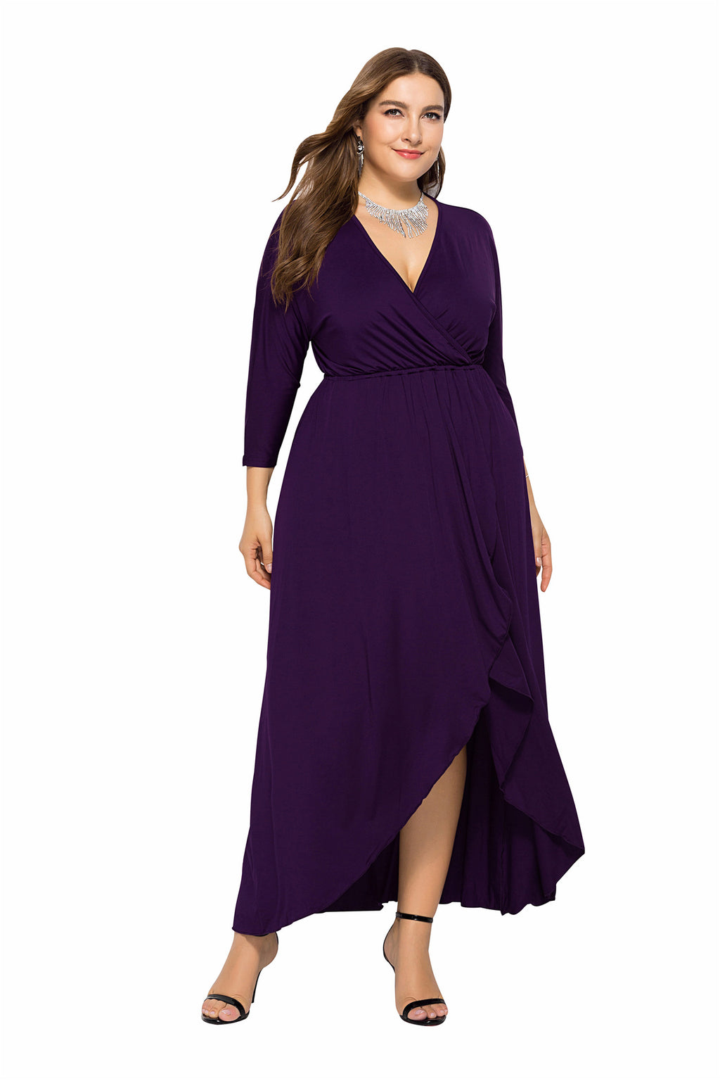 Maxi Dress Women's Wrap Silhouette with V-Neck and High Slit - 9 - Rokvane