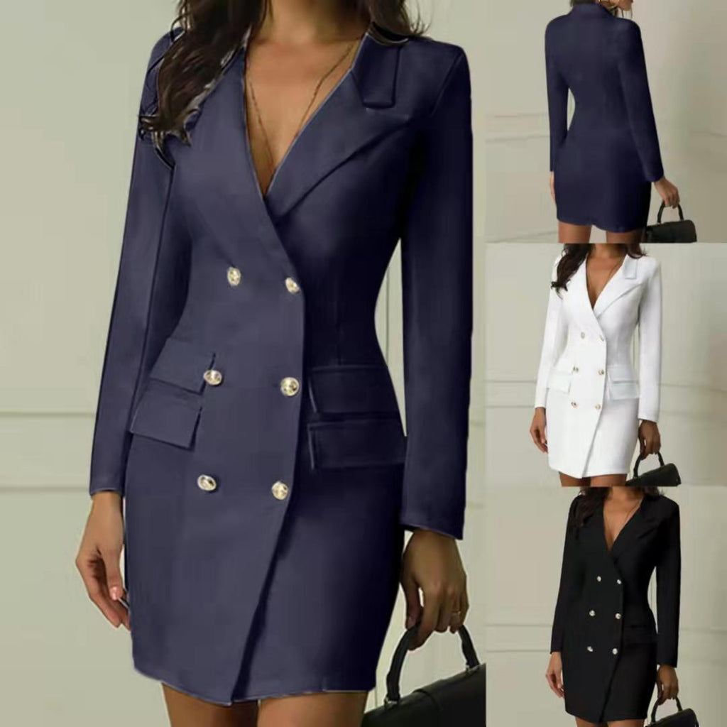 Double Breasted Women's Blazer Dress with Pockets and V-Neck - 8 - Rokvane