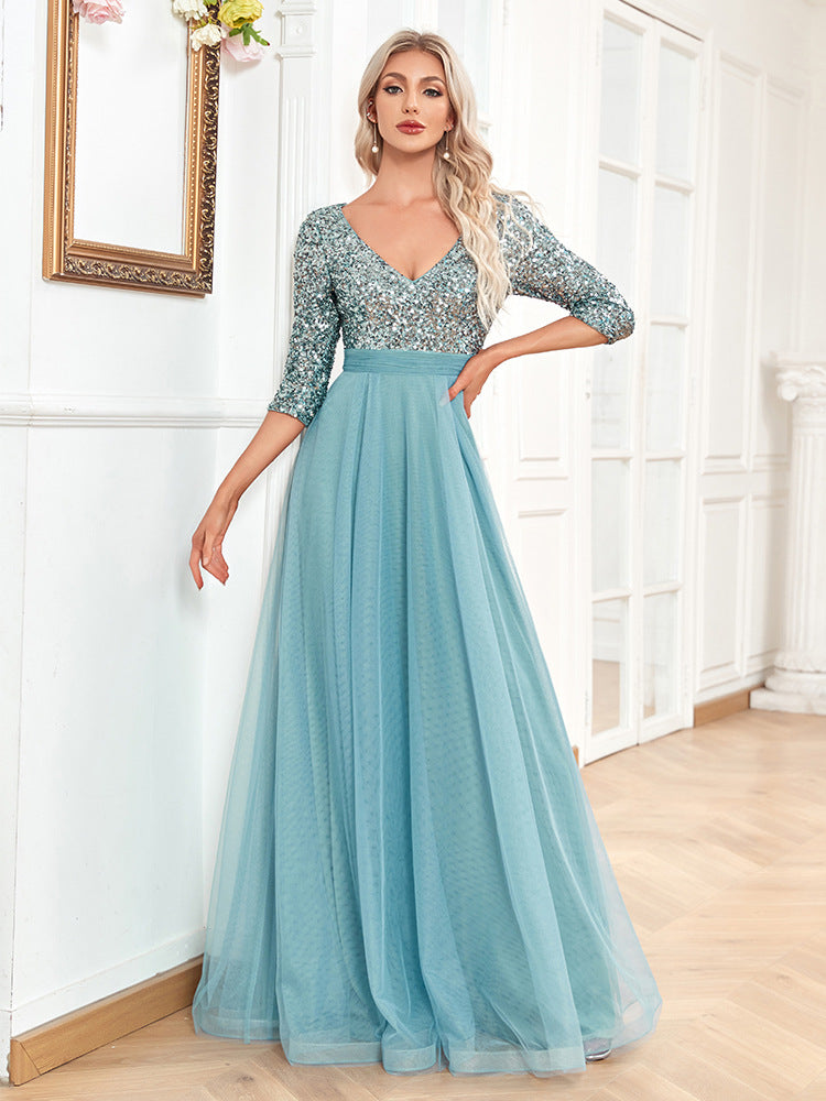 Evening Dress Women's V-neck A-line Long Sleeve with Sparkling Detail - 3 - Rokvane