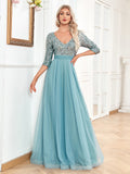 Evening Dress Women's V-neck A-line Long Sleeve with Sparkling Detail - 3 - Rokvane