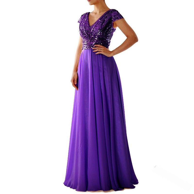 Evening Dress Women V-Neck Cap Sleeve A-Line Flattering Fit - 2 - Rokvane