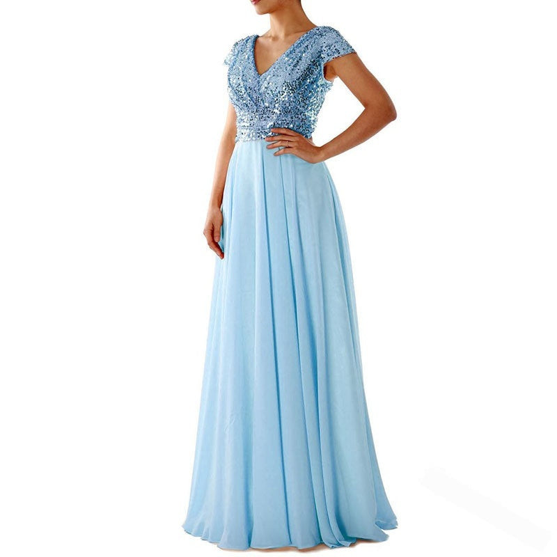 Evening Dress Women V-Neck Cap Sleeve A-Line Flattering Fit - 6 - Rokvane