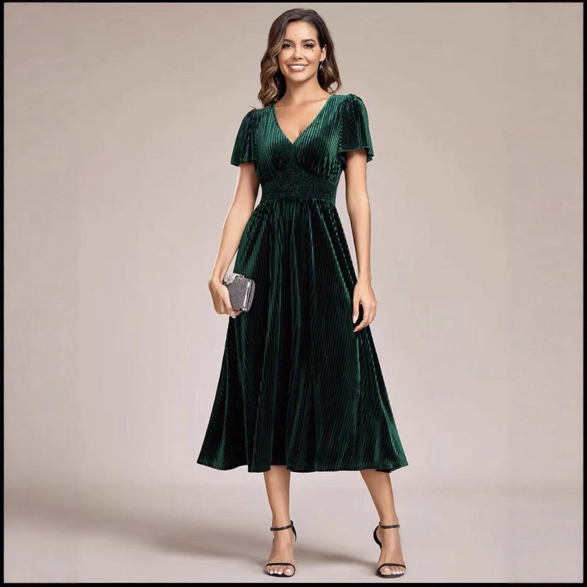 Midi Dress Women's Flared Silhouette with V-Neck and Ruffled Sleeves - 5 - Rokvane