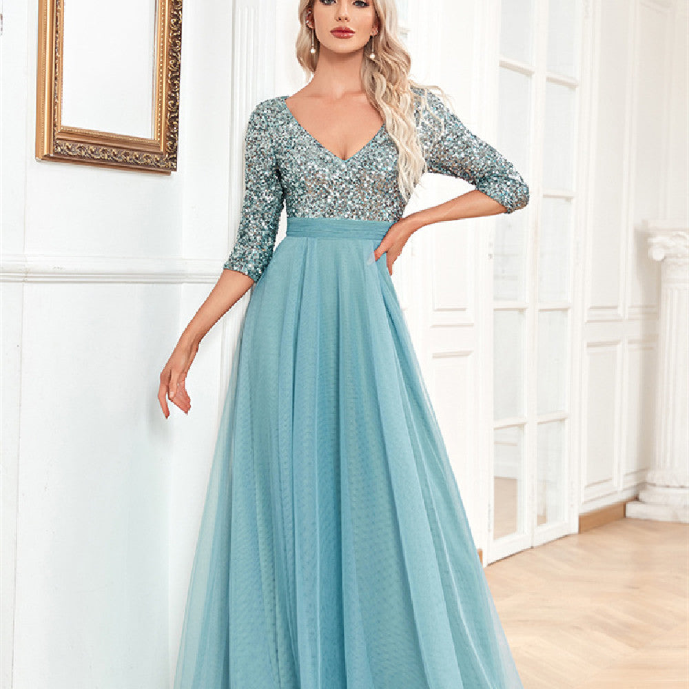 Evening Dress Women's V-neck A-line Long Sleeve with Sparkling Detail - 4 - Rokvane