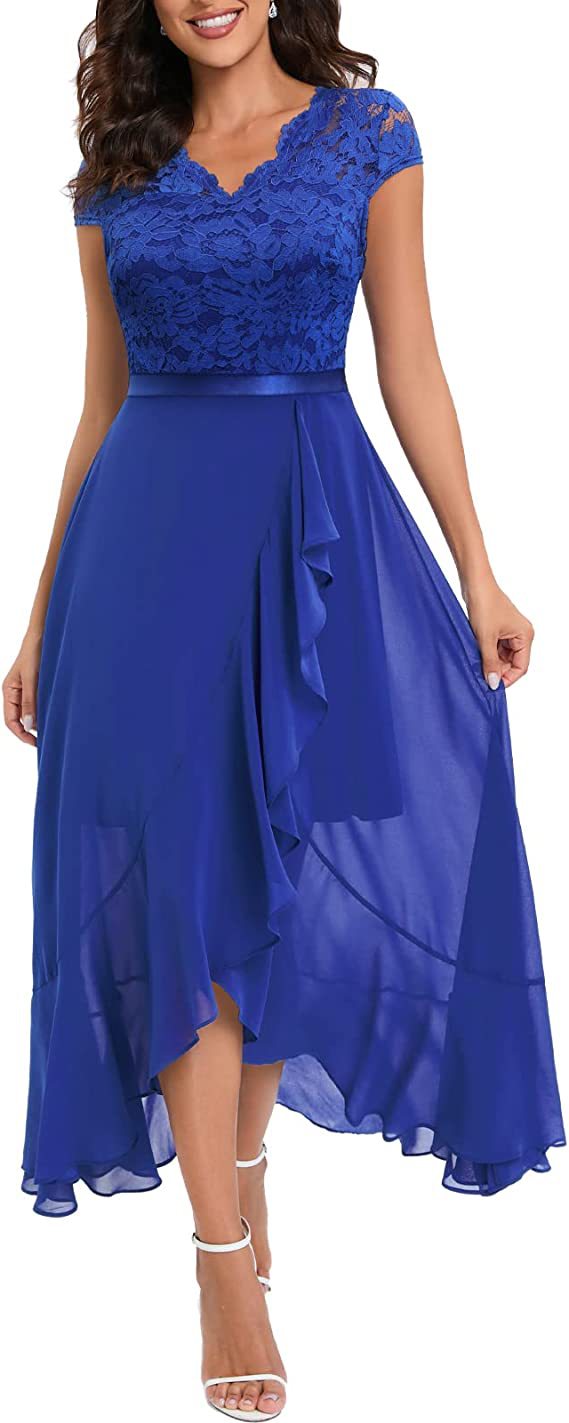 Evening Dress Women's V-neck Cap Sleeve High-Low with Ruffle Detail - 5 - Rokvane