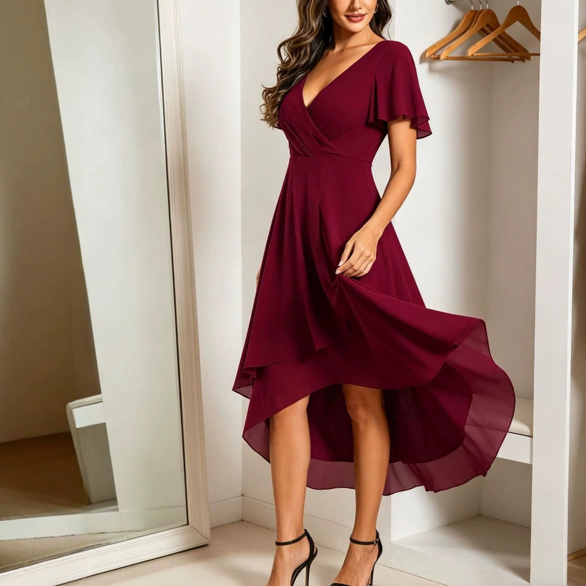 Midi Dress Women's Wrap Cut with Flutter Sleeves and Asymmetric Hem - 1 - Rokvane