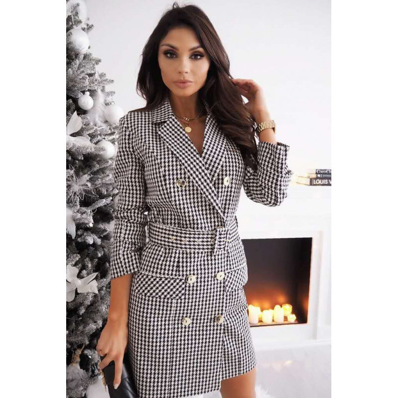 Check Print Women's Blazer Dress with Belted Waist - 6 - Rokvane