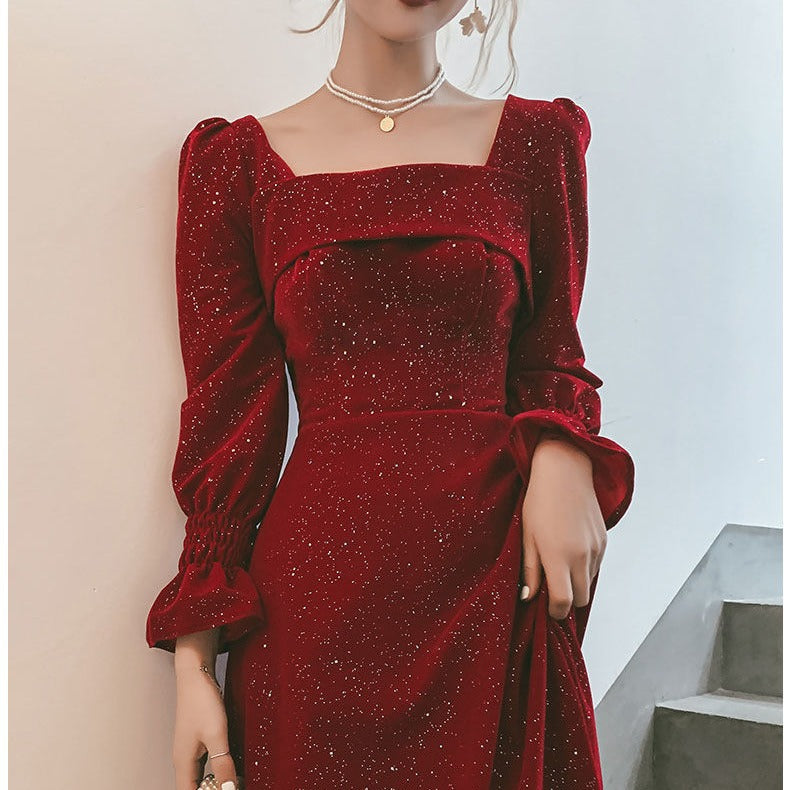 Midi Dress Women's Square Neck Long Sleeve with Ruched Detail - 7 - Rokvane