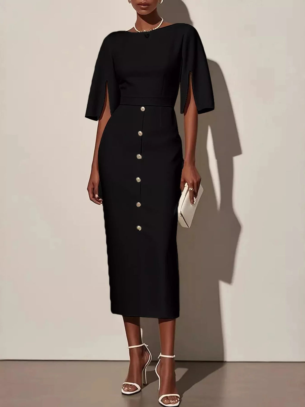 Elegant Midi Dress with Button Detail - 1 - Rokvane