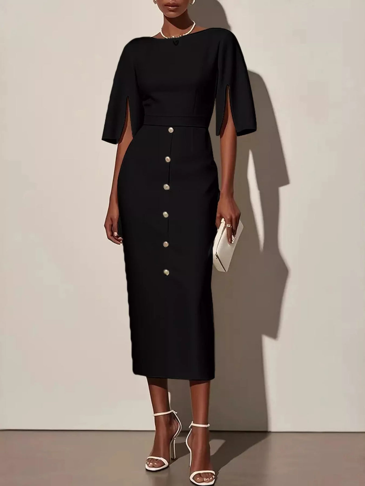 Elegant Midi Dress with Button Detail - 1 - Rokvane