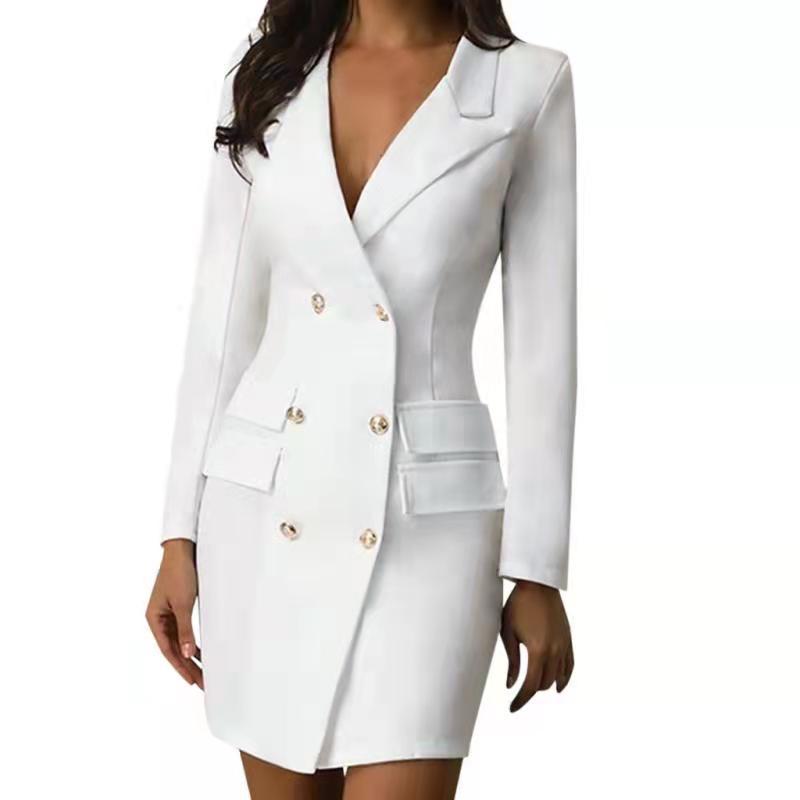 Double Breasted Women's Blazer Dress with Pockets and V-Neck - 9 - Rokvane