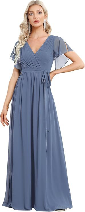 Maxi Dress Women's V-Neck Flattering Wrap Style with Flutter Sleeves - 6 - Rokvane