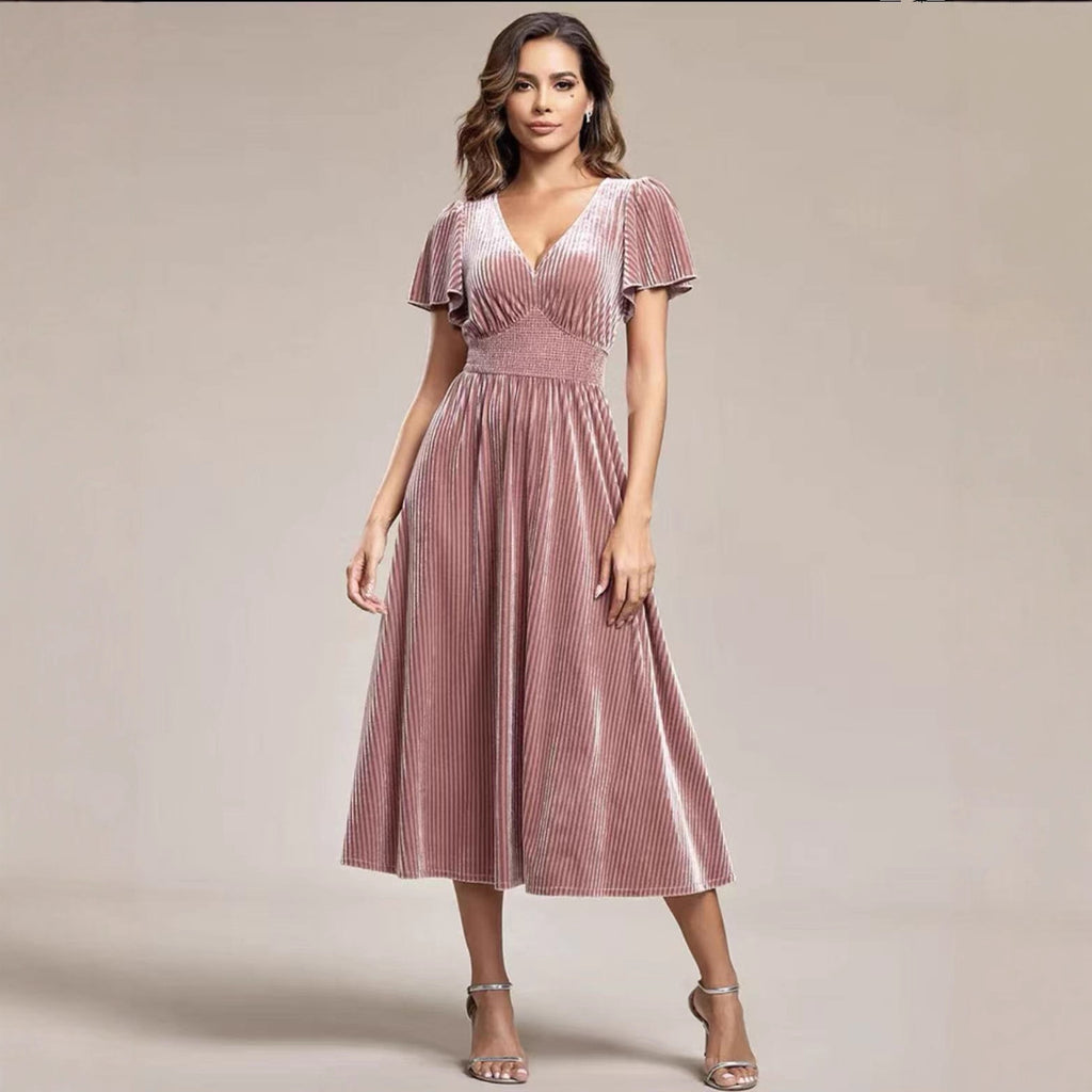 Midi Dress Women's Flared Silhouette with V-Neck and Ruffled Sleeves - 2 - Rokvane
