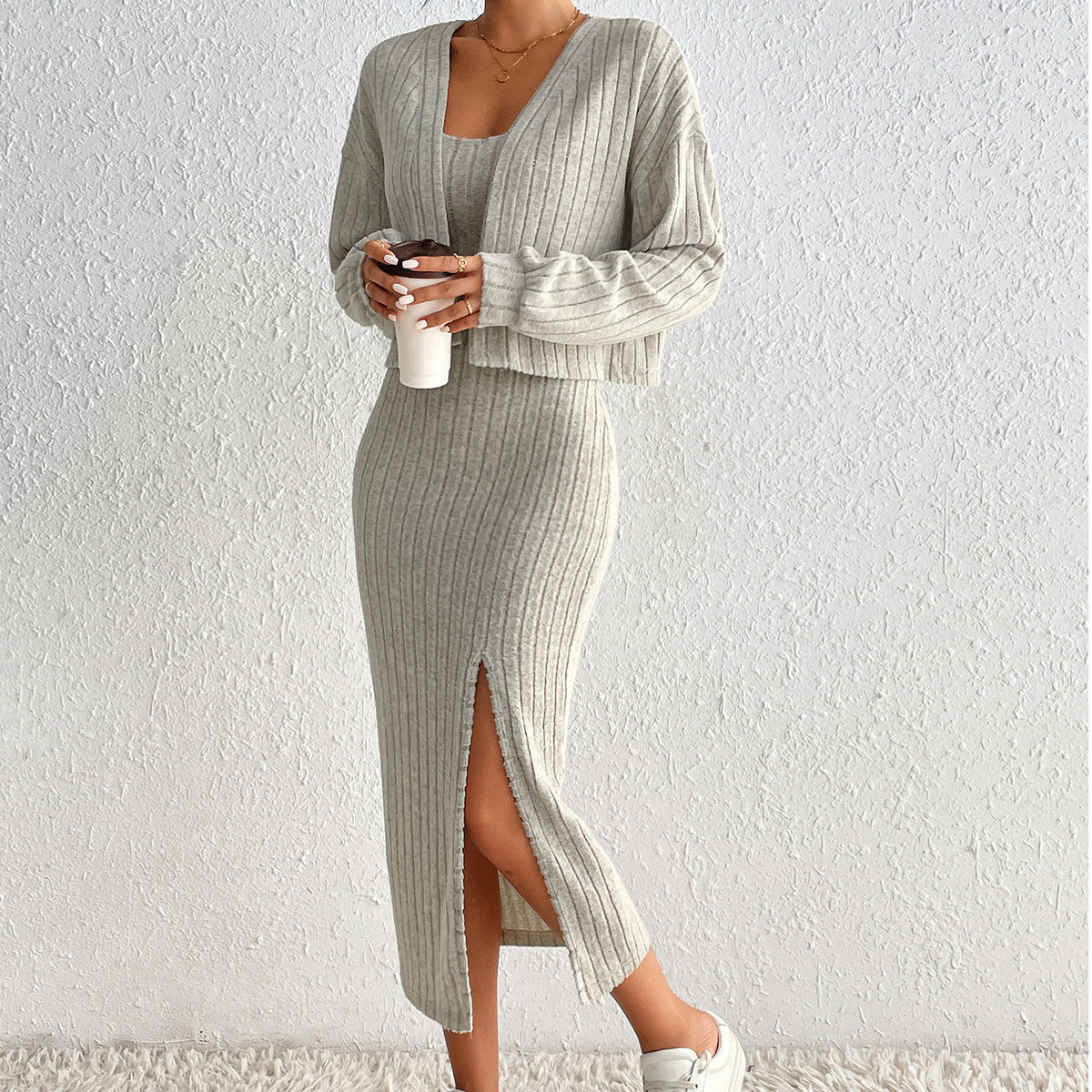 Two-Piece Set Women's Midi Dress with Split Hem and Cropped Cardigan - 1 - Rokvane