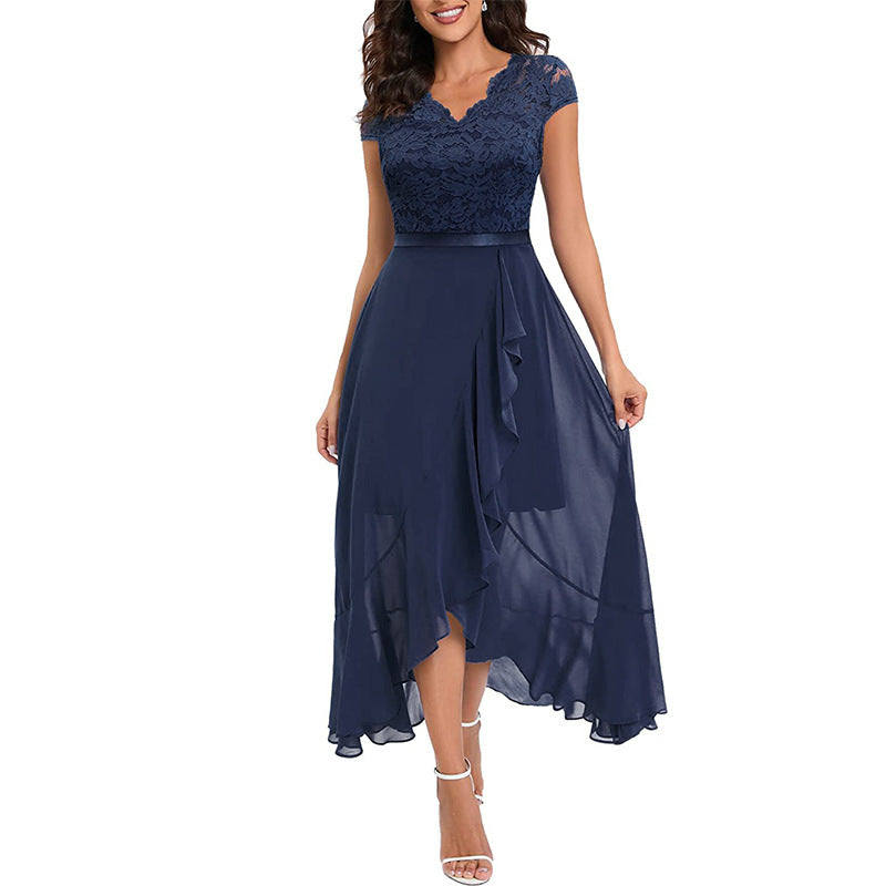 Evening Dress Women's V-neck Cap Sleeve High-Low with Ruffle Detail - 7 - Rokvane