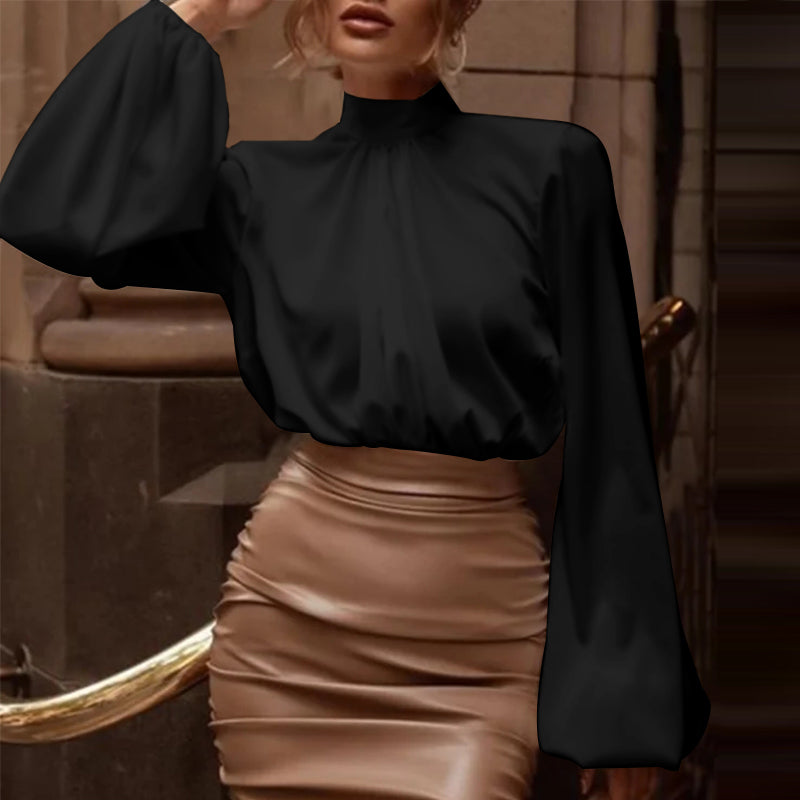 Chic Blouse for Women in Black Satin Look with Puffed Sleeves - 1 - Rokvane