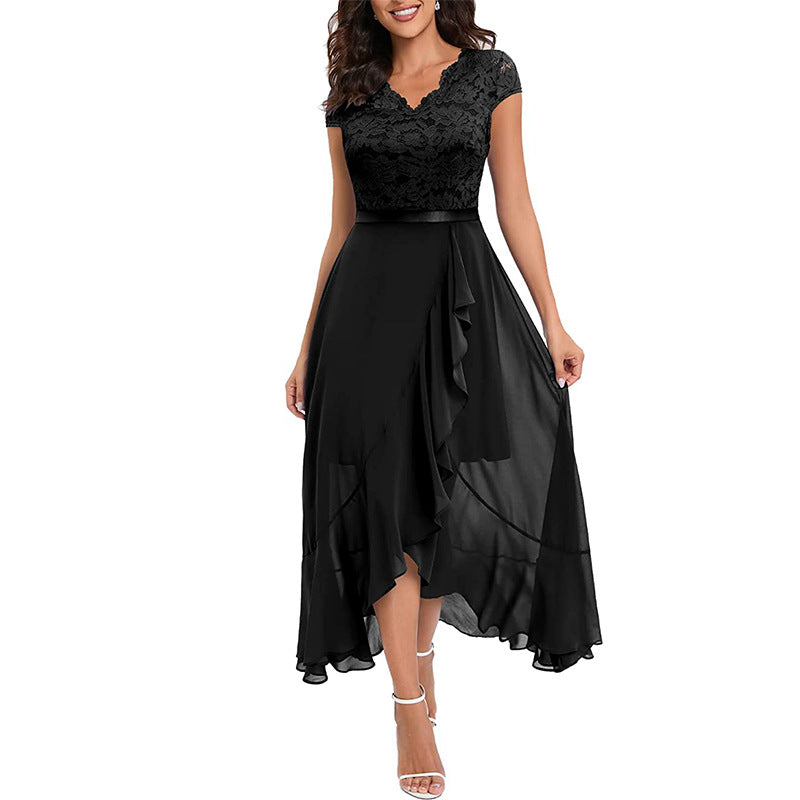 Evening Dress Women's V-neck Cap Sleeve High-Low with Ruffle Detail - 1 - Rokvane