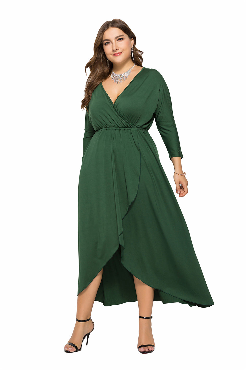 Maxi Dress Women's Wrap Silhouette with V-Neck and High Slit - 15 - Rokvane