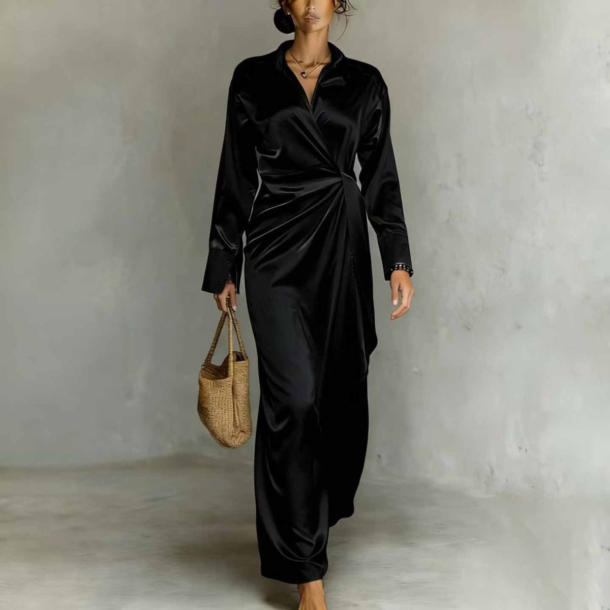 Maxi Dress Women Wrap Silhouette Long Sleeve Elegant Design - 4 - Rokvane