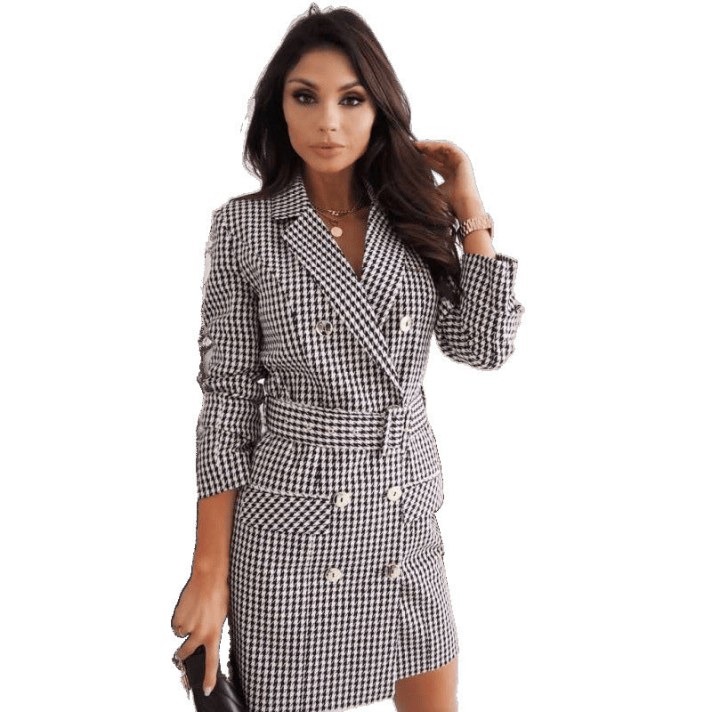 Check Print Women's Blazer Dress with Belted Waist - 4 - Rokvane