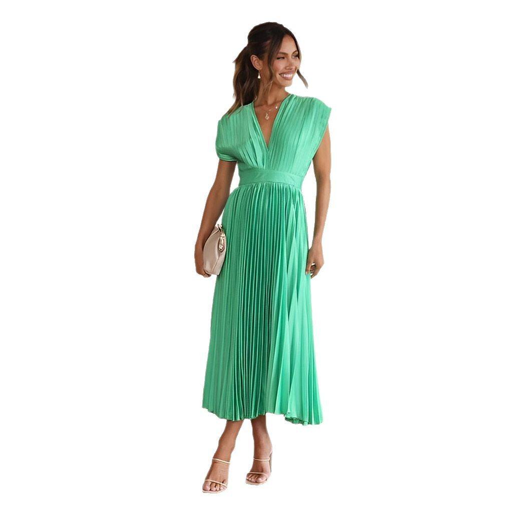 Maxi Dress Women Pleated V-Neck Long Sleeve Tie Waist - 6 - Rokvane
