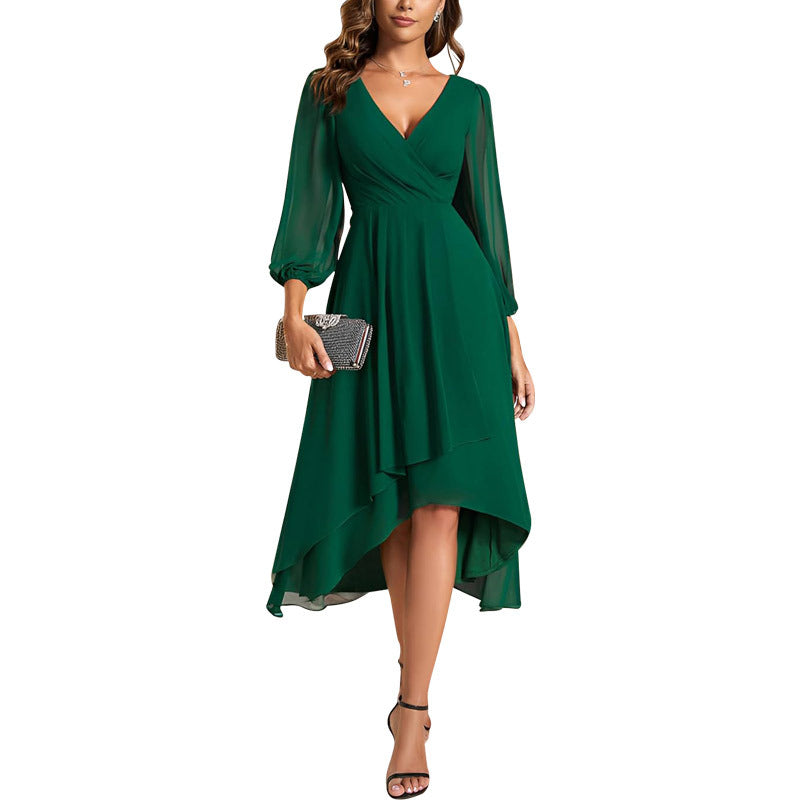 Midi Dress Women's V-Neck Long Sleeve High-Low Hem - 5 - Rokvane