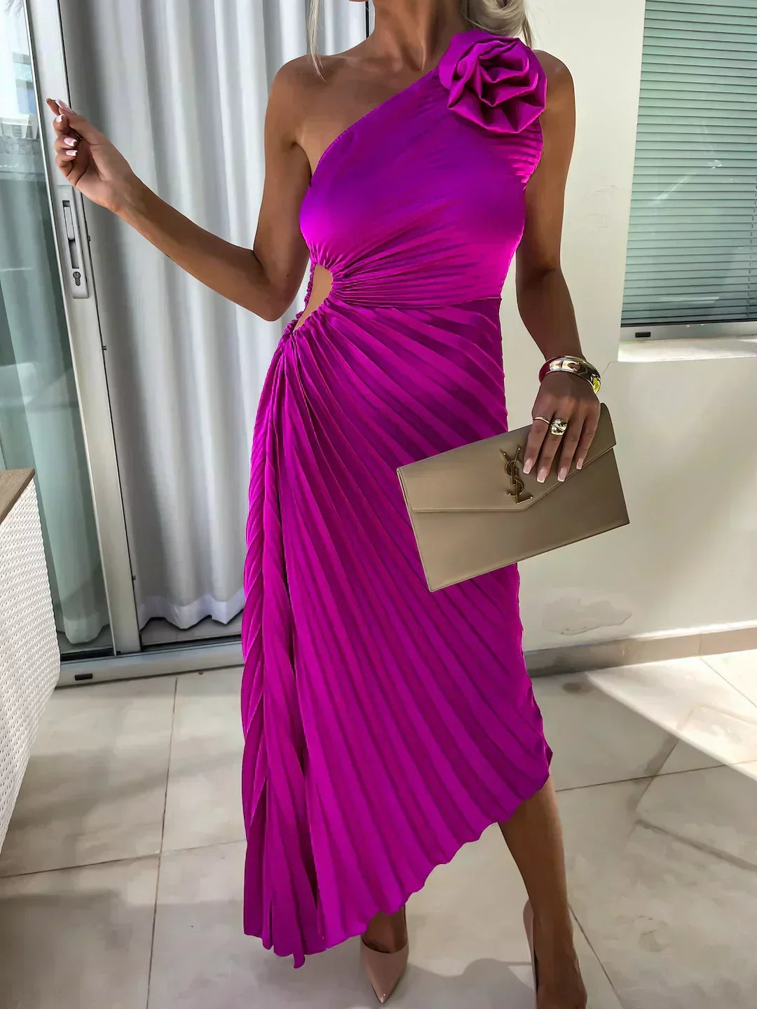 Evening Dress Women's Asymmetrical Pleated Design with Floral Detail - 7 - Rokvane