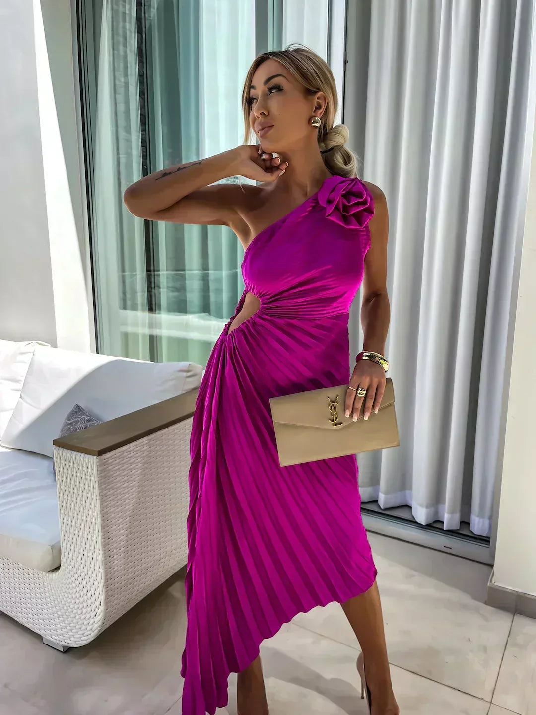 Evening Dress Women's Asymmetrical Pleated Design with Floral Detail - 11 - Rokvane