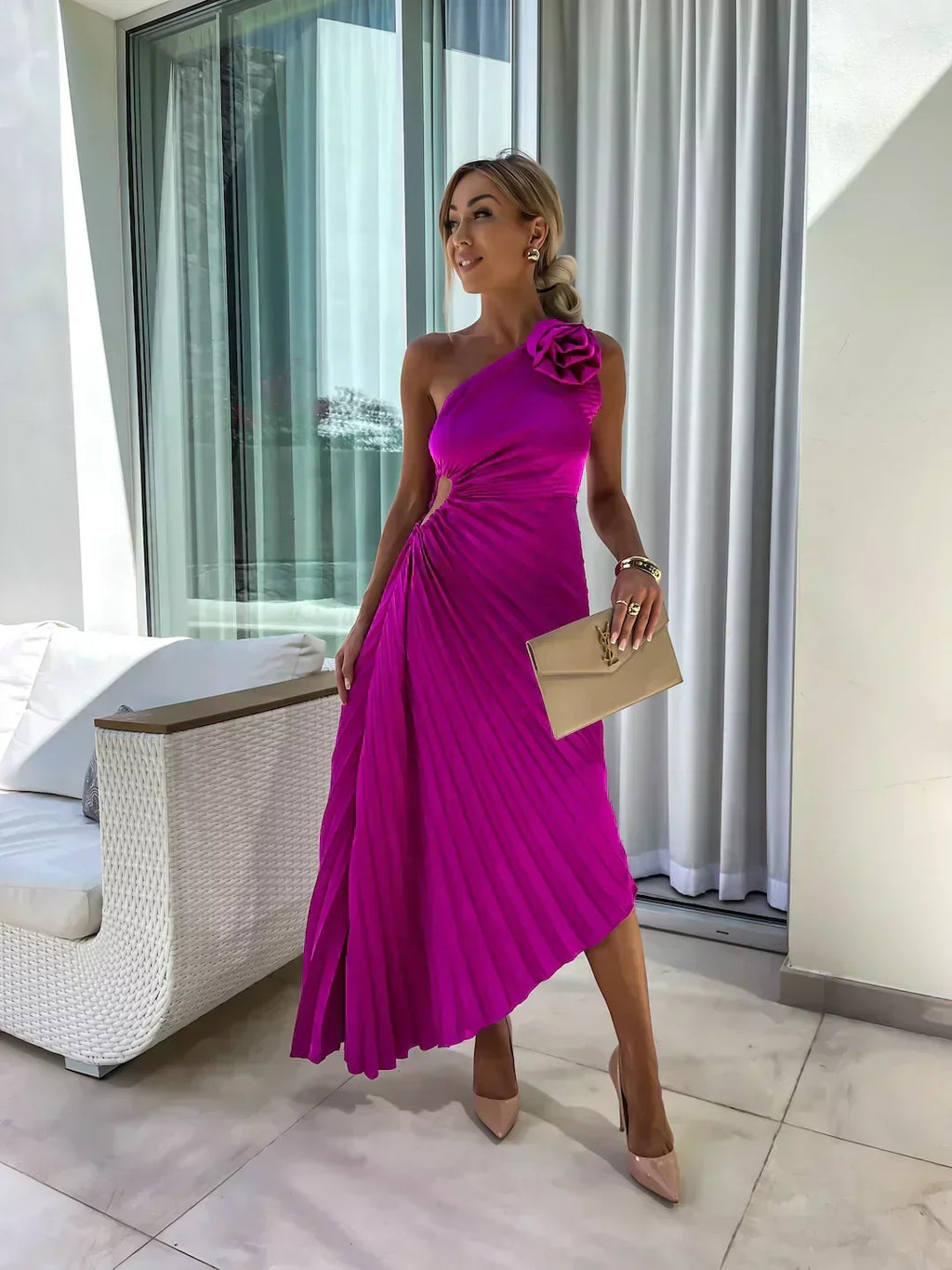 Evening Dress Women's Asymmetrical Pleated Design with Floral Detail - 13 - Rokvane