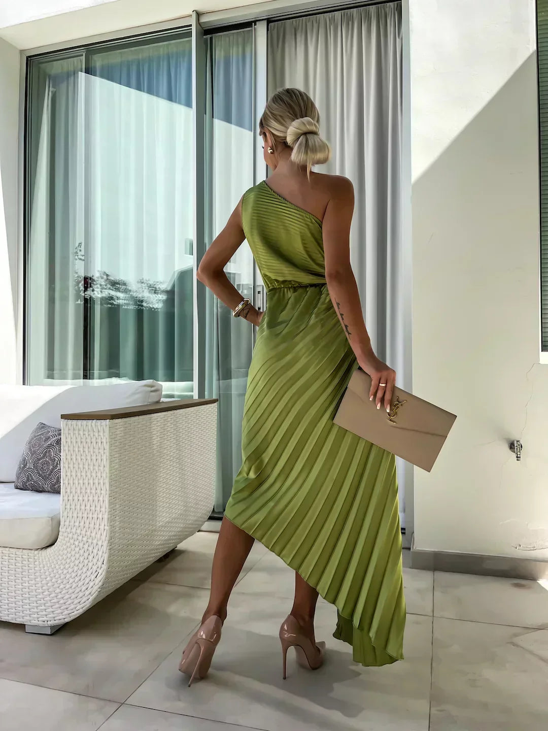Evening Dress Women's Asymmetrical Pleated Design with Floral Detail - 5 - Rokvane