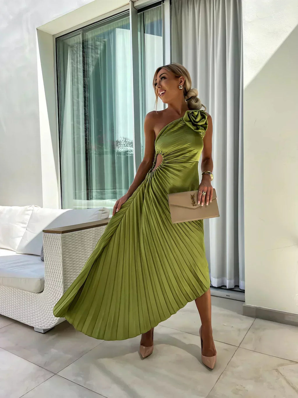 Evening Dress Women's Asymmetrical Pleated Design with Floral Detail - 3 - Rokvane